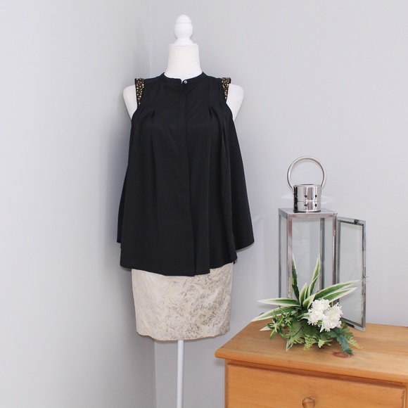 H&M Tops - H&M Black Beaded Cap Sleeve Button Up Blouse Sz 4